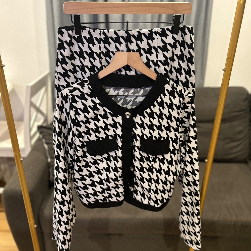 Houndstooth Button Up Shirt and Skirt Set 0XL